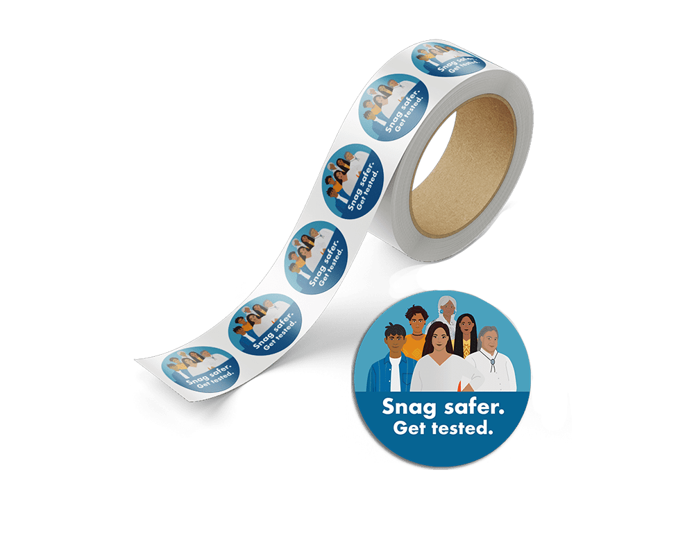 Snag safer. Get tested. Sticker